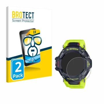 Front side of a product packaging with the brand logo BROTECT. Next to it is the device Casio G-Shock GBD-H2000 shown with the