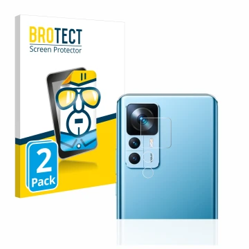 Front side of a product packaging with the brand logo BROTECT. Next to it is the device Xiaomi 12T (ONLY Camera Lens) shown wi