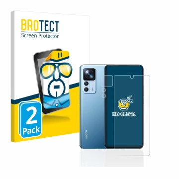 Front side of a product packaging with the brand logo BROTECT. Next to it is the device Xiaomi 12T (Front+Camera) shown with t