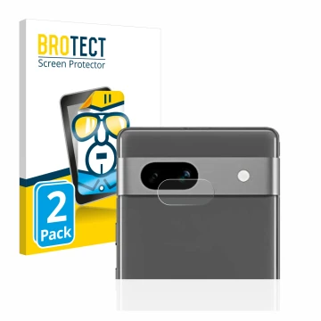 Front side of a product packaging with the brand logo BROTECT. Next to it is the device Google Pixel 7a (ONLY Camera Lens) sho