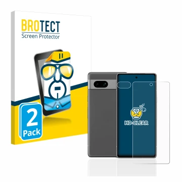 Front side of a product packaging with the brand logo BROTECT. Next to it is the device Google Pixel 7a (Front+Camera) shown w