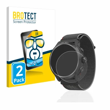 Front side of a product packaging with the brand logo BROTECT. Next to it is the device Coros Apex 2 Pro shown with the corres