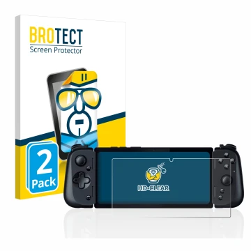 Front side of a product packaging with the brand logo BROTECT. Next to it is the device Razer Edge 5G shown with the correspon