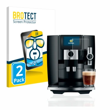 Front side of a product packaging with the brand logo BROTECT. Next to it is the device Jura J8 shown with the corresponding s