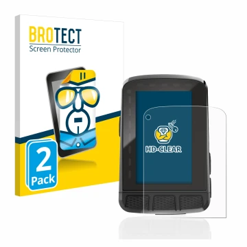 Front side of a product packaging with the brand logo BROTECT. Next to it is the device Wahoo Elemnt Roam 2 shown with the cor