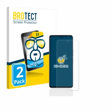Front side of a product packaging with the brand logo BROTECT. Next to it is the device Tecno Camon 20 Pro shown with the corr