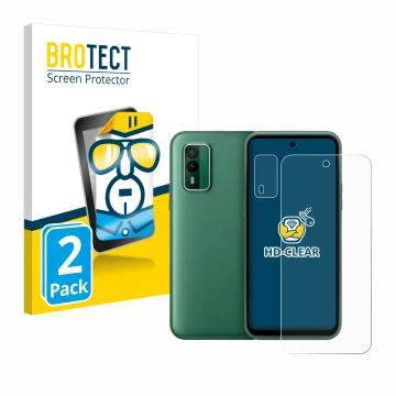 Front side of a product packaging with the brand logo BROTECT. Next to it is the device Nokia XR21 (Front+Camera) shown with t