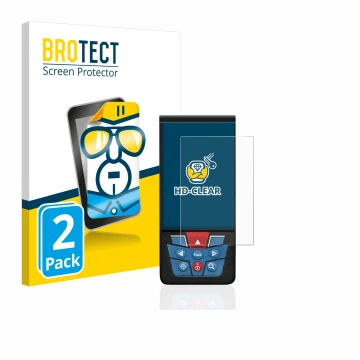 Front side of a product packaging with the brand logo BROTECT. Next to it is the device Bosch GLM 100-25c shown with the corre