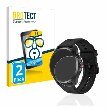 Front side of a product packaging with the brand logo BROTECT. Next to it is the device Mobvoi TicWatch Pro 5 shown with the c