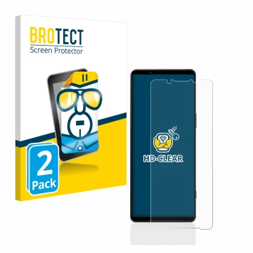 Front side of a product packaging with the brand logo BROTECT. Next to it is the device Sony Xperia 1 V shown with the corresp