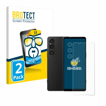 Front side of a product packaging with the brand logo BROTECT. Next to it is the device Sony Xperia 1 V (Front+Camera) shown w