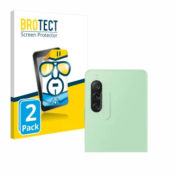 Front side of a product packaging with the brand logo BROTECT. Next to it is the device Sony Xperia 10 V (ONLY Camera Lens) sh