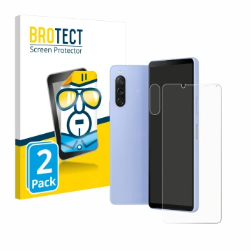 Front side of a product packaging with the brand logo BROTECT. Next to it is the device Sony Xperia 10 V (Front+Camera) shown 