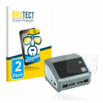 Front side of a product packaging with the brand logo BROTECT. Next to it is the device SkyRc D200 neo shown with the correspo