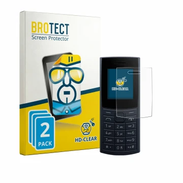 Front side of a product packaging with the brand logo BROTECT. Next to it is the device Nokia 110 4G (2023) shown with the cor