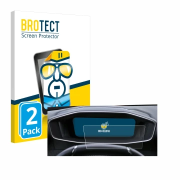 Front side of a product packaging with the brand logo BROTECT. Next to it is the device Peugeot 2008 2022 Cockpit shown with t