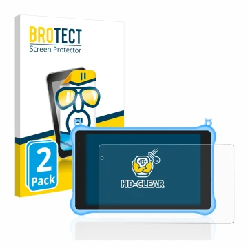 Front side of a product packaging with the brand logo BROTECT. Next to it is the device Blackview Tab 5 Kids shown with the co