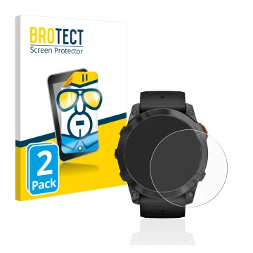 Front side of a product packaging with the brand logo BROTECT. Next to it is the device Garmin Fenix 7X Pro Solar (51 mm) show