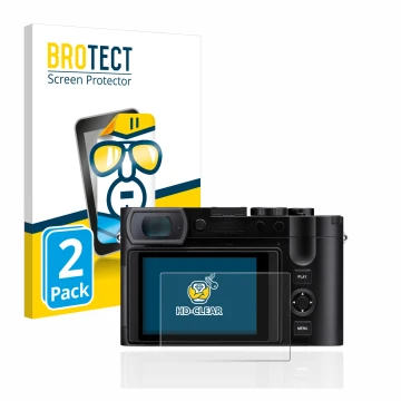 Front side of a product packaging with the brand logo BROTECT. Next to it is the device Leica Q3 shown with the corresponding 