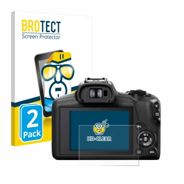 Front side of a product packaging with the brand logo BROTECT. Next to it is the device Canon EOS R100 shown with the correspo