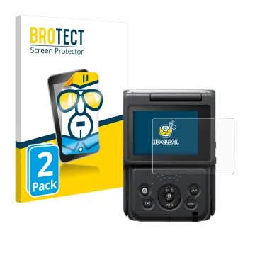 Front side of a product packaging with the brand logo BROTECT. Next to it is the device Canon PowerShot V10 Vlog Camera shown 