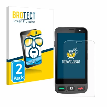 Front side of a product packaging with the brand logo BROTECT. Next to it is the device Brondi Amico Pocket shown with the cor