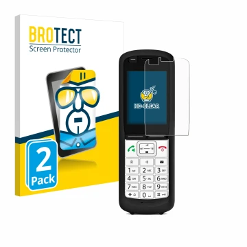 Front side of a product packaging with the brand logo BROTECT. Next to it is the device Unify OpenScape DECT Phone R6 shown wi
