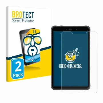 Front side of a product packaging with the brand logo BROTECT. Next to it is the device Ulefone Armor Pad 8 shown with the cor