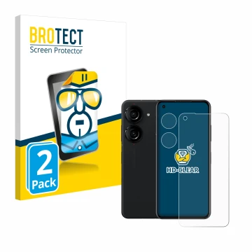 Front side of a product packaging with the brand logo BROTECT. Next to it is the device ASUS ZenFone 10 (Front+Camera) shown w