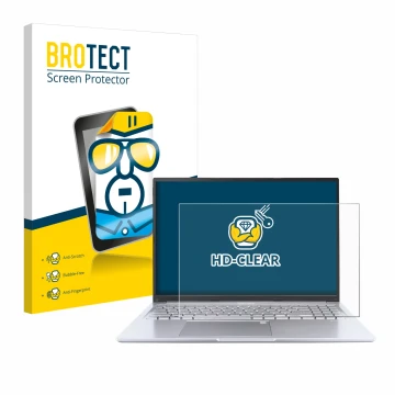 Front side of a product packaging with the brand logo BROTECT. Next to it is the device ASUS Vivobook 16 M1605 shown with the 