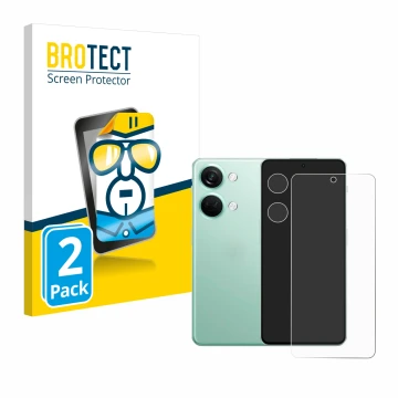 Front side of a product packaging with the brand logo BROTECT. Next to it is the device OnePlus Nord 3 5G (Front+Camera) shown