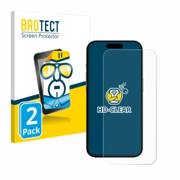 Front side of a product packaging with the brand logo BROTECT. Next to it is the device Apple iPhone 15 Pro shown with the cor