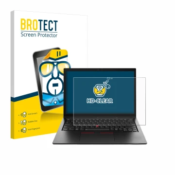 Front side of a product packaging with the brand logo BROTECT. Next to it is the device Lenovo ThinkPad L13 Yoga Gen 4 shown w