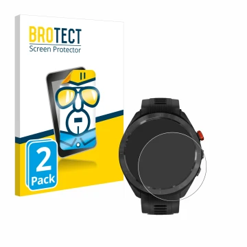 Front side of a product packaging with the brand logo BROTECT. Next to it is the device Garmin Approach S70 (47 mm) shown with