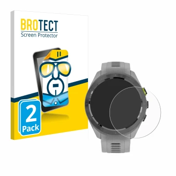 Front side of a product packaging with the brand logo BROTECT. Next to it is the device Garmin Approach S70 (42 mm) shown with