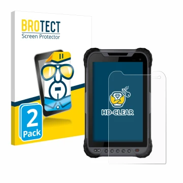 Front side of a product packaging with the brand logo BROTECT. Next to it is the device Stonex UT32 Rugged Tablet shown with t