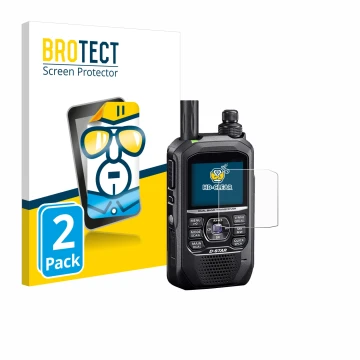 Front side of a product packaging with the brand logo BROTECT. Next to it is the device Icom ID-50E shown with the correspondi