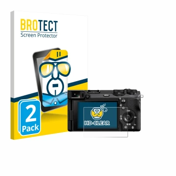 Front side of a product packaging with the brand logo BROTECT. Next to it is the device Sony Alpha 6700 shown with the corresp