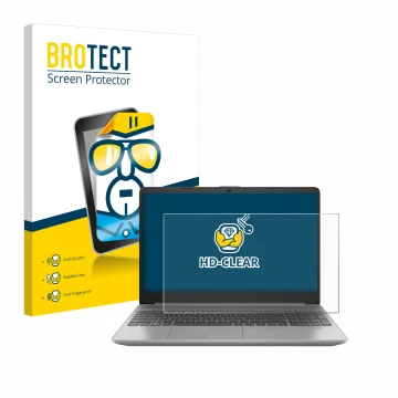 Front side of a product packaging with the brand logo BROTECT. Next to it is the device HP 250 G9 shown with the corresponding