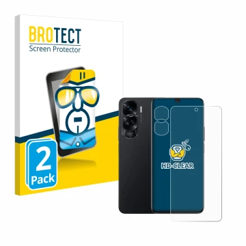 Front side of a product packaging with the brand logo BROTECT. Next to it is the device Honor 90 Lite (Front+Camera) shown wit