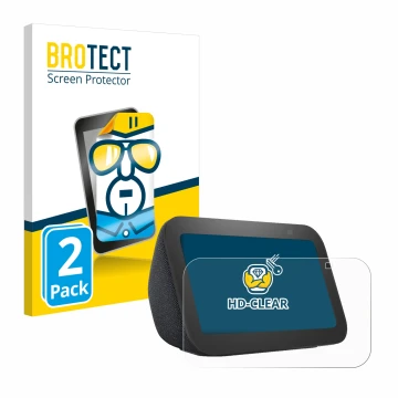 Front side of a product packaging with the brand logo BROTECT. Next to it is the device Amazon Echo Show 5 (3th Gen.) shown wi