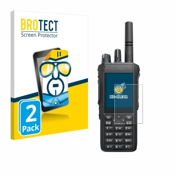Front side of a product packaging with the brand logo BROTECT. Next to it is the device Motorola Mototrbo R7 shown with the co