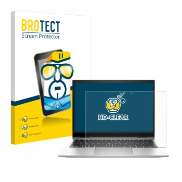Front side of a product packaging with the brand logo BROTECT. Next to it is the device HP EliteBook x360 830 G10 shown with t