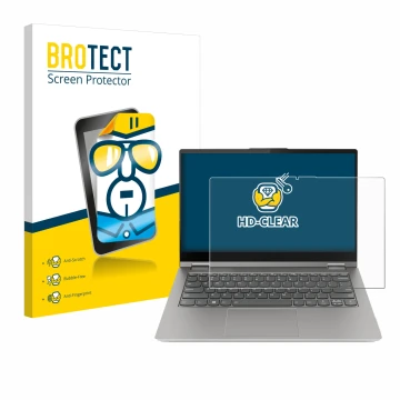 Front side of a product packaging with the brand logo BROTECT. Next to it is the device Lenovo ThinkBook 14s Yoga G3 shown wit