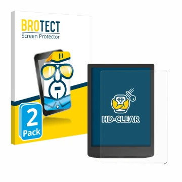 Front side of a product packaging with the brand logo BROTECT. Next to it is the device PocketBook InkPad 4 shown with the cor