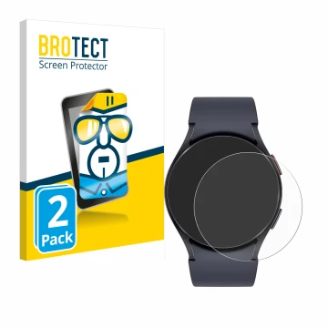 Front side of a product packaging with the brand logo BROTECT. Next to it is the device Samsung Galaxy Watch 6 (44 mm) shown w