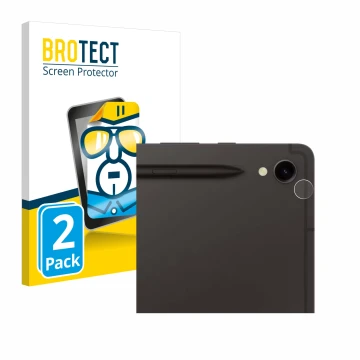 Front side of a product packaging with the brand logo BROTECT. Next to it is the device Samsung Galaxy Tab S9 WiFi (ONLY Camer