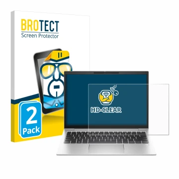 Front side of a product packaging with the brand logo BROTECT. Next to it is the device HP EliteBook 835 G10 shown with the co