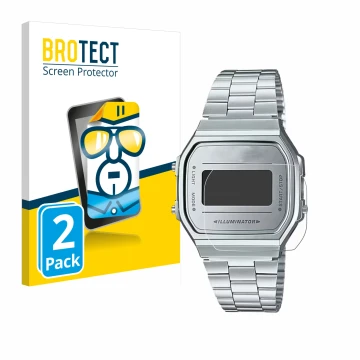 Front side of a product packaging with the brand logo BROTECT. Next to it is the device Casio A168WEM-7EF shown with the corre