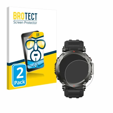 Front side of a product packaging with the brand logo BROTECT. Next to it is the device Huami Amazfit T-Rex Ultra shown with t
